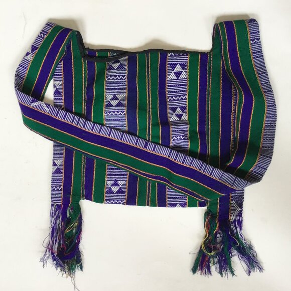 Purple & Green Woven Ethnic Geometric Pattern Tribal Shoulder Bag with Tassels - Picture 2 of 4